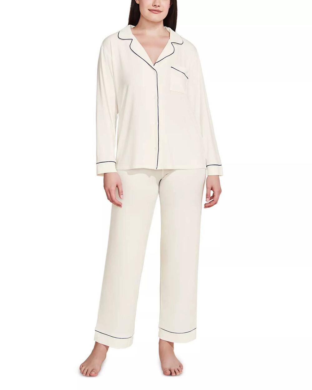 NWT Eberjey Gisele Tencel™ Modal Long PJ Set Pure Ivory/Navy